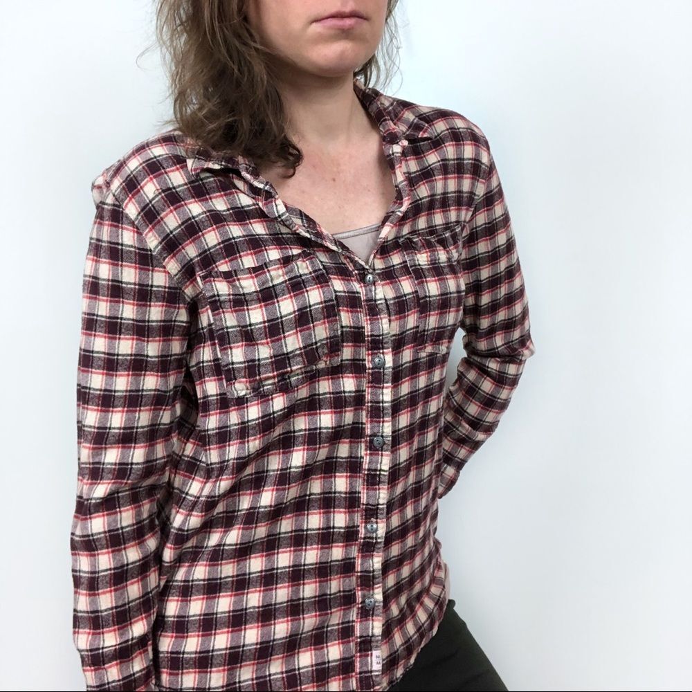 Melrose & Market Red Burgundy Plaid Button Down